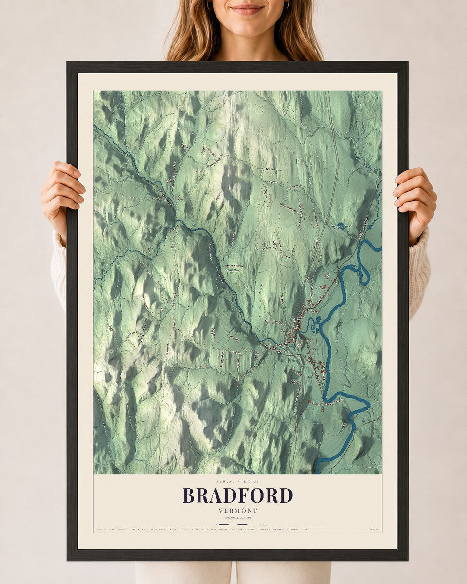 Bradford, Vermont map print - 24 x 36 black Ayous wood frame