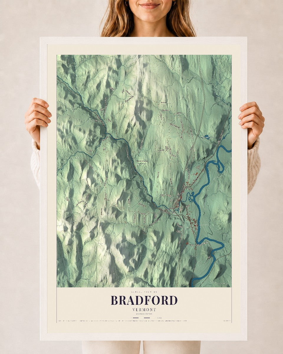 Bradford, Vermont map print - 24 x 36 white Ayous wood frame