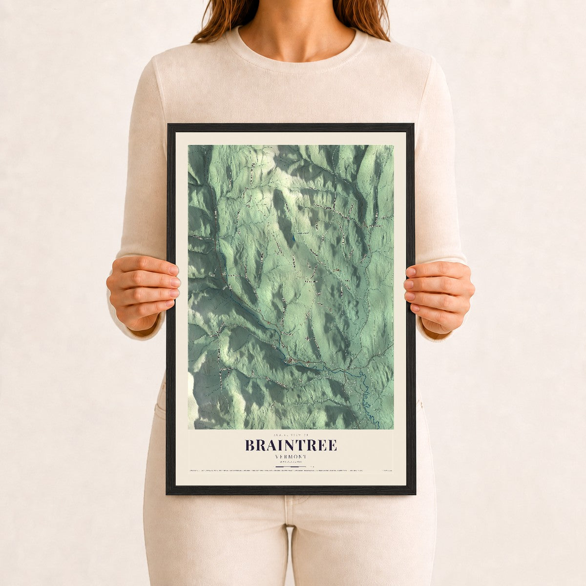 Braintree, Vermont map print - 12 x 18 black Ayous wood frame