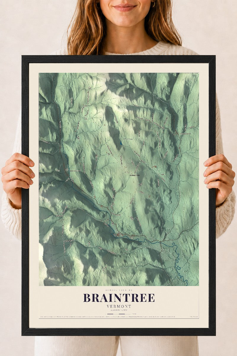 Braintree, Vermont map print - 18 x 24 black Ayous wood frame