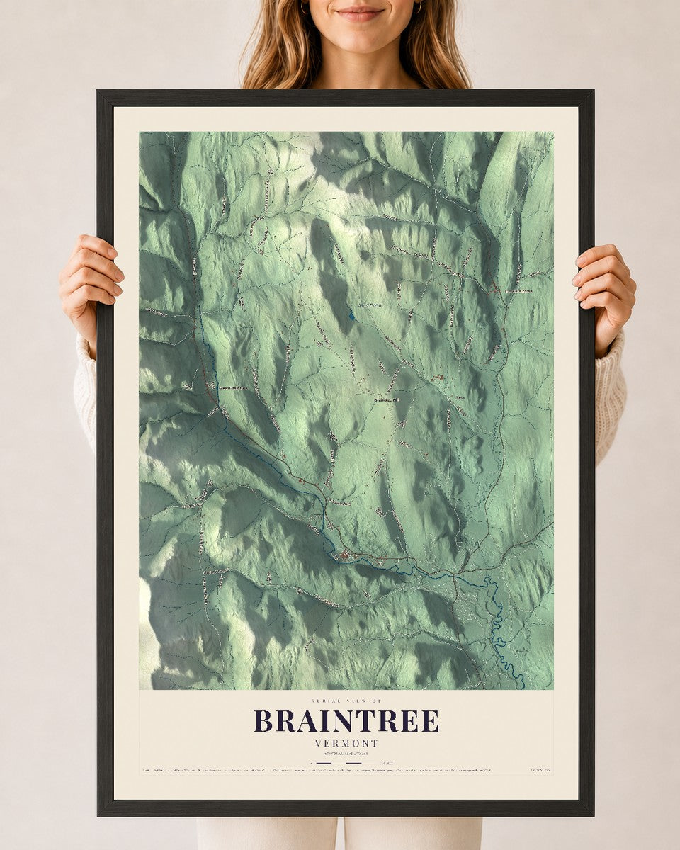 Braintree, Vermont map print - 24 x 36 black Ayous wood frame