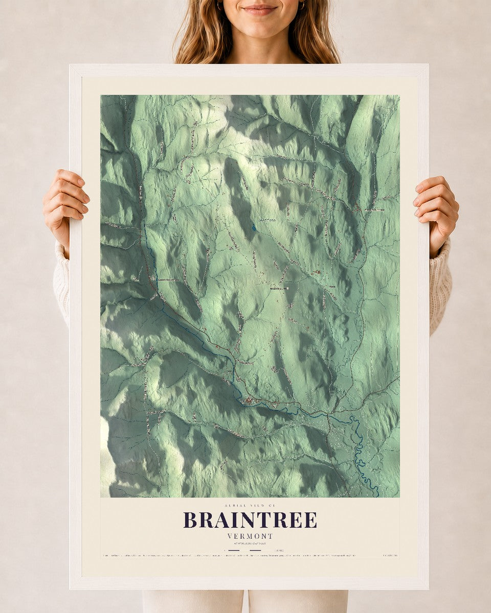Braintree, Vermont map print - 24 x 36 white Ayous wood frame