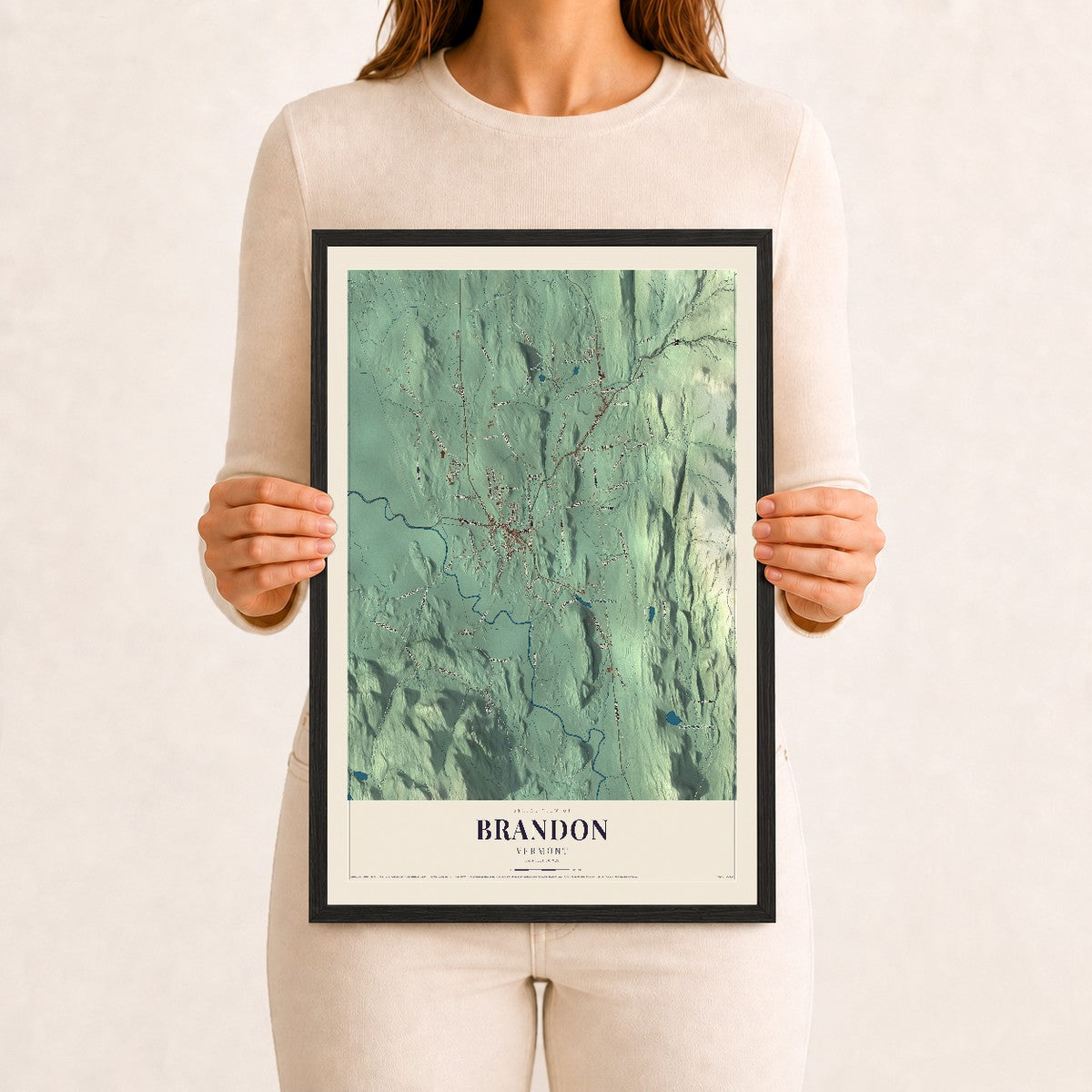 Brandon, Vermont map print - 12 x 18 black Ayous wood frame