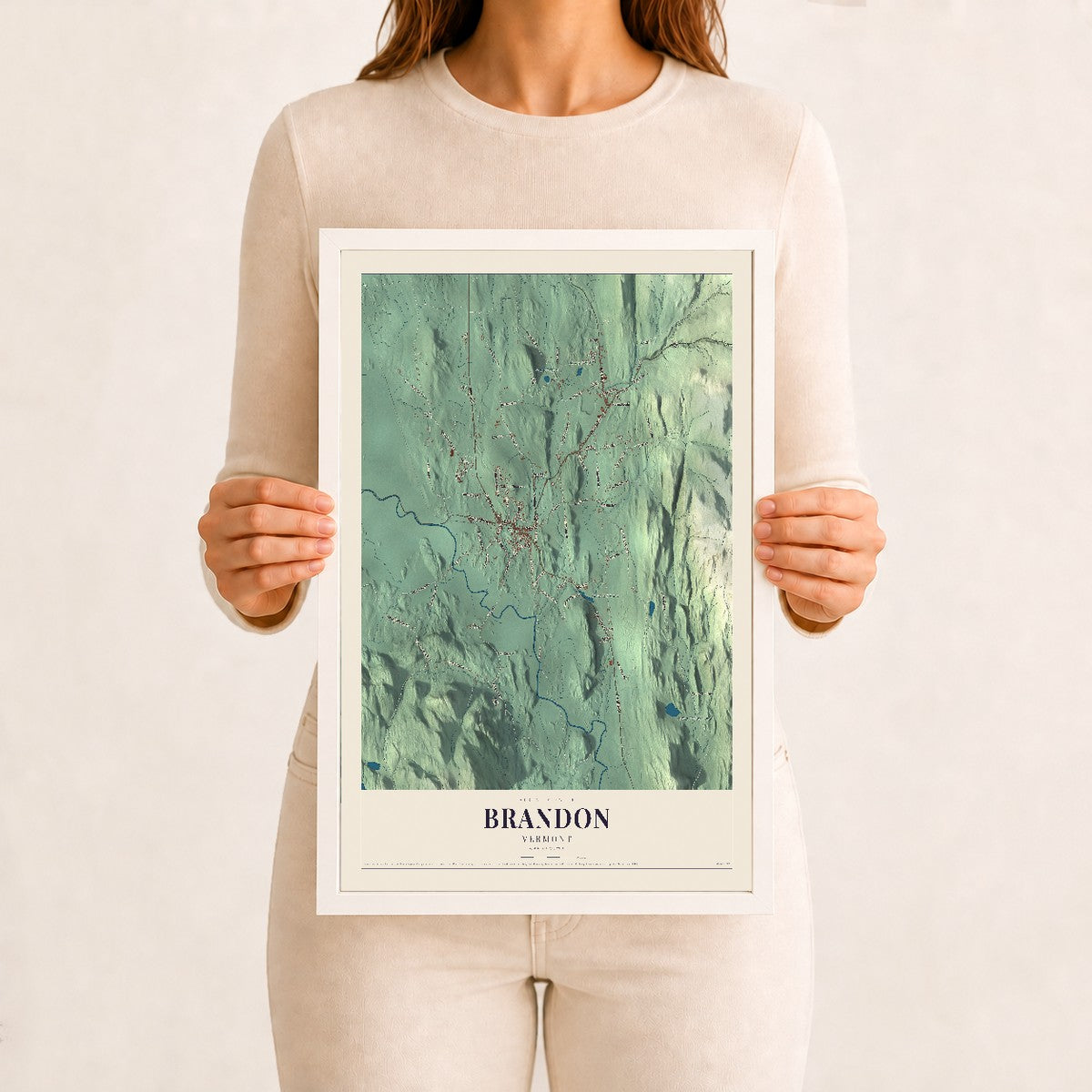 Brandon, Vermont map print - 12 x 18 white Ayous wood frame