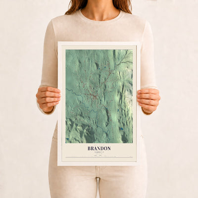 Brandon, Vermont map print - 12 x 18 white Ayous wood frame