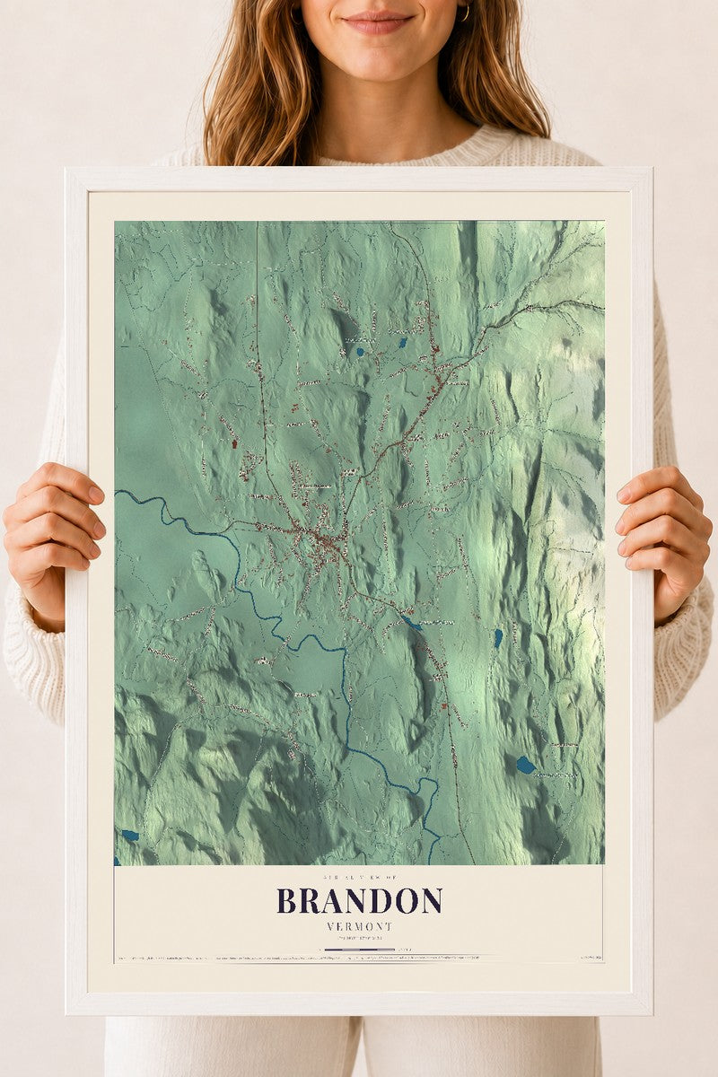 Brandon, Vermont map print - 18 x 24 white Ayous wood frame
