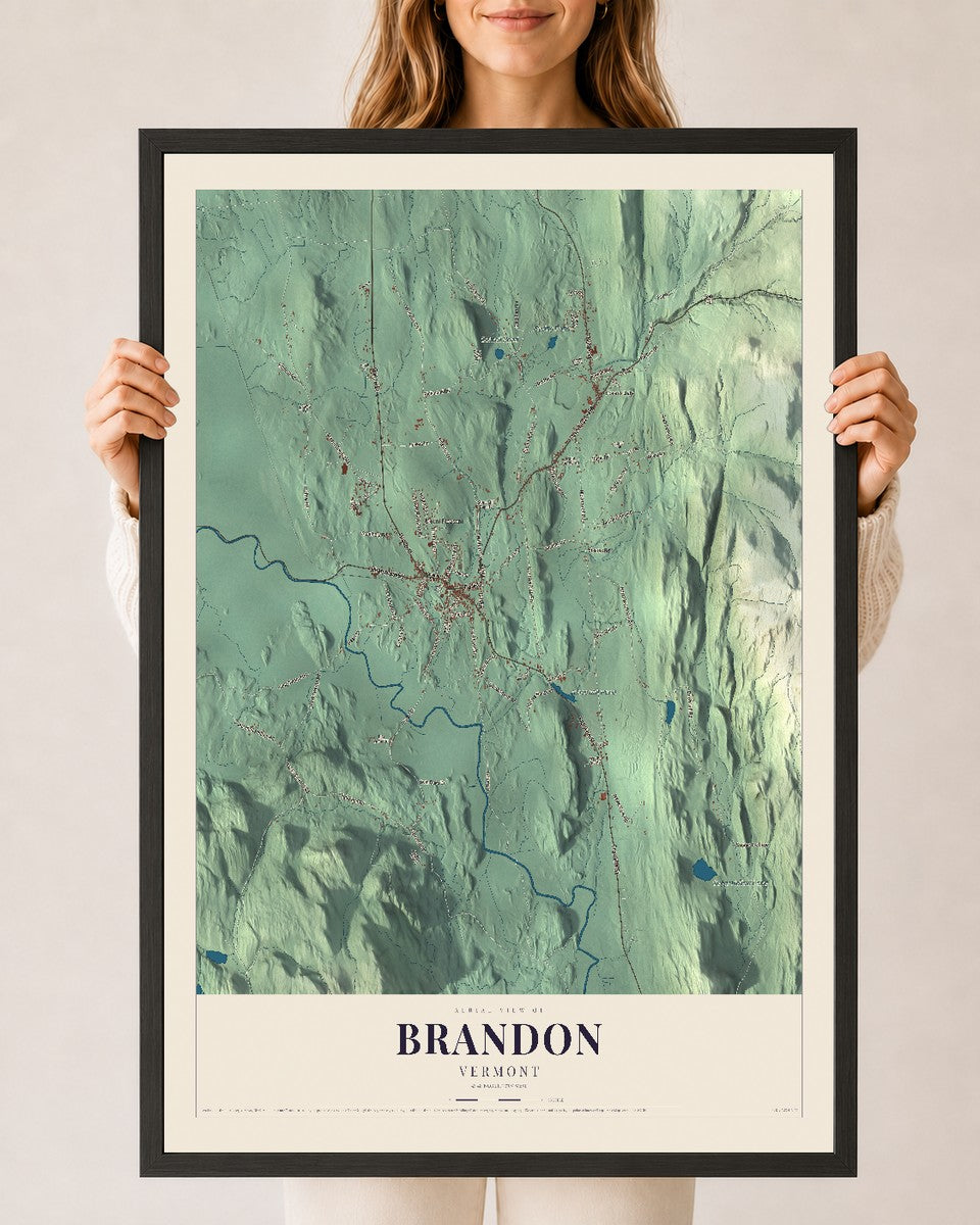 Brandon, Vermont map print - 24 x 36 black Ayous wood frame