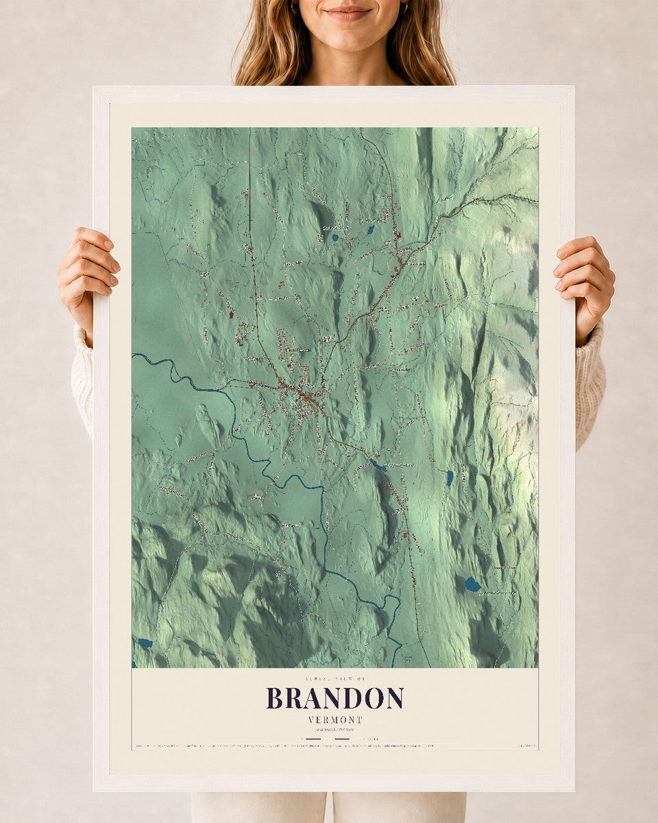 Brandon, Vermont map print - 24 x 36 white Ayous wood frame