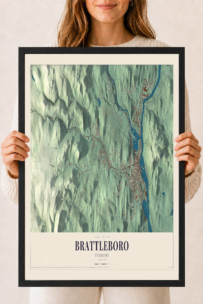 Brattleboro, Vermont map print - 18 x 24 black Ayous wood frame