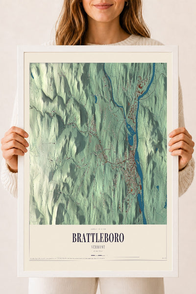Brattleboro, Vermont map print - 18 x 24 white Ayous wood frame