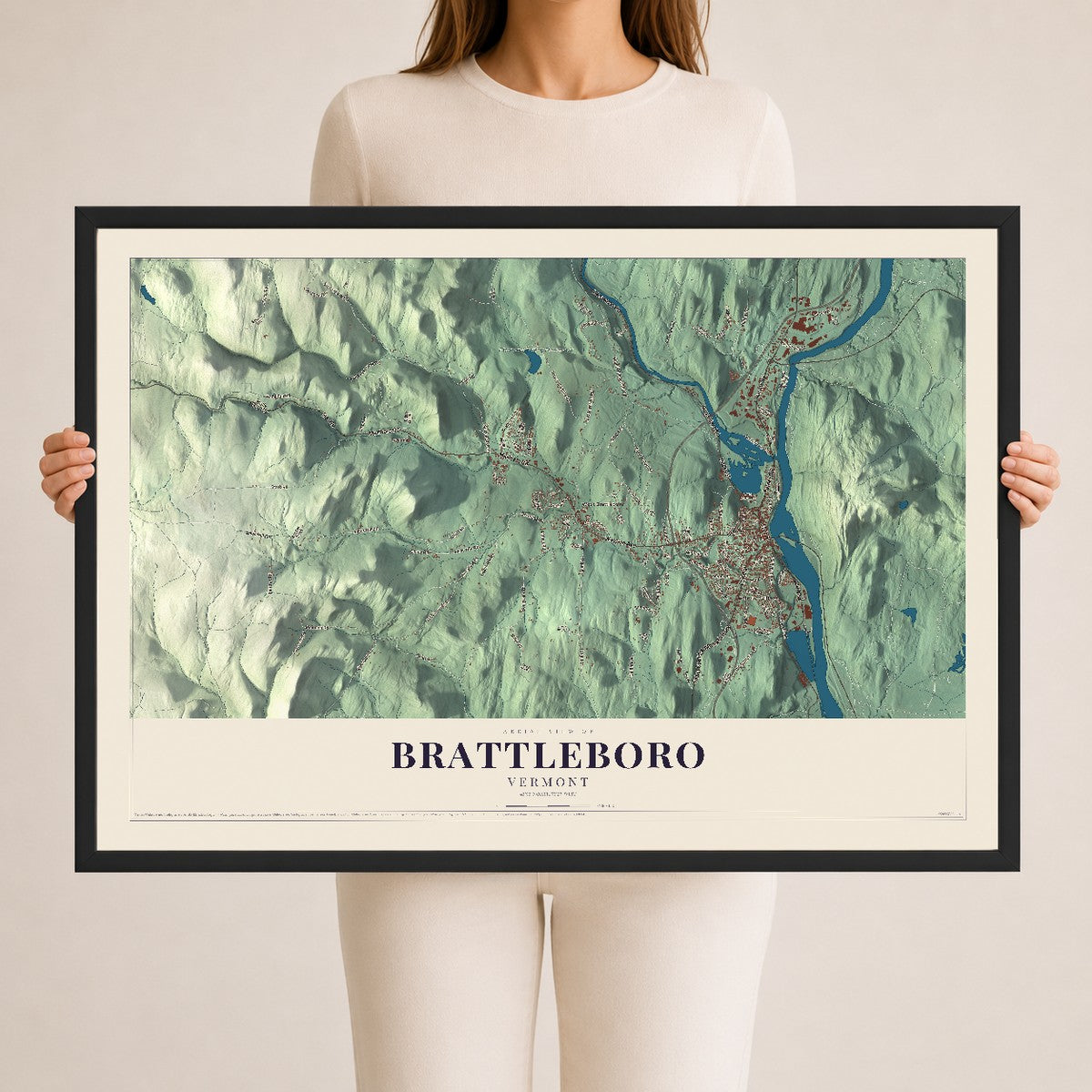 Map of Brattleboro, Vermont, 24 x 36 inch print in a black wood frame