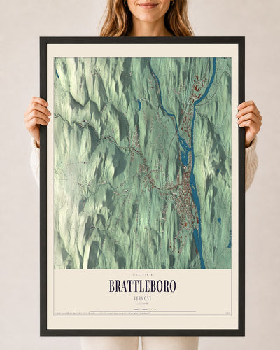 Brattleboro, Vermont map print - 24 x 36 black Ayous wood frame