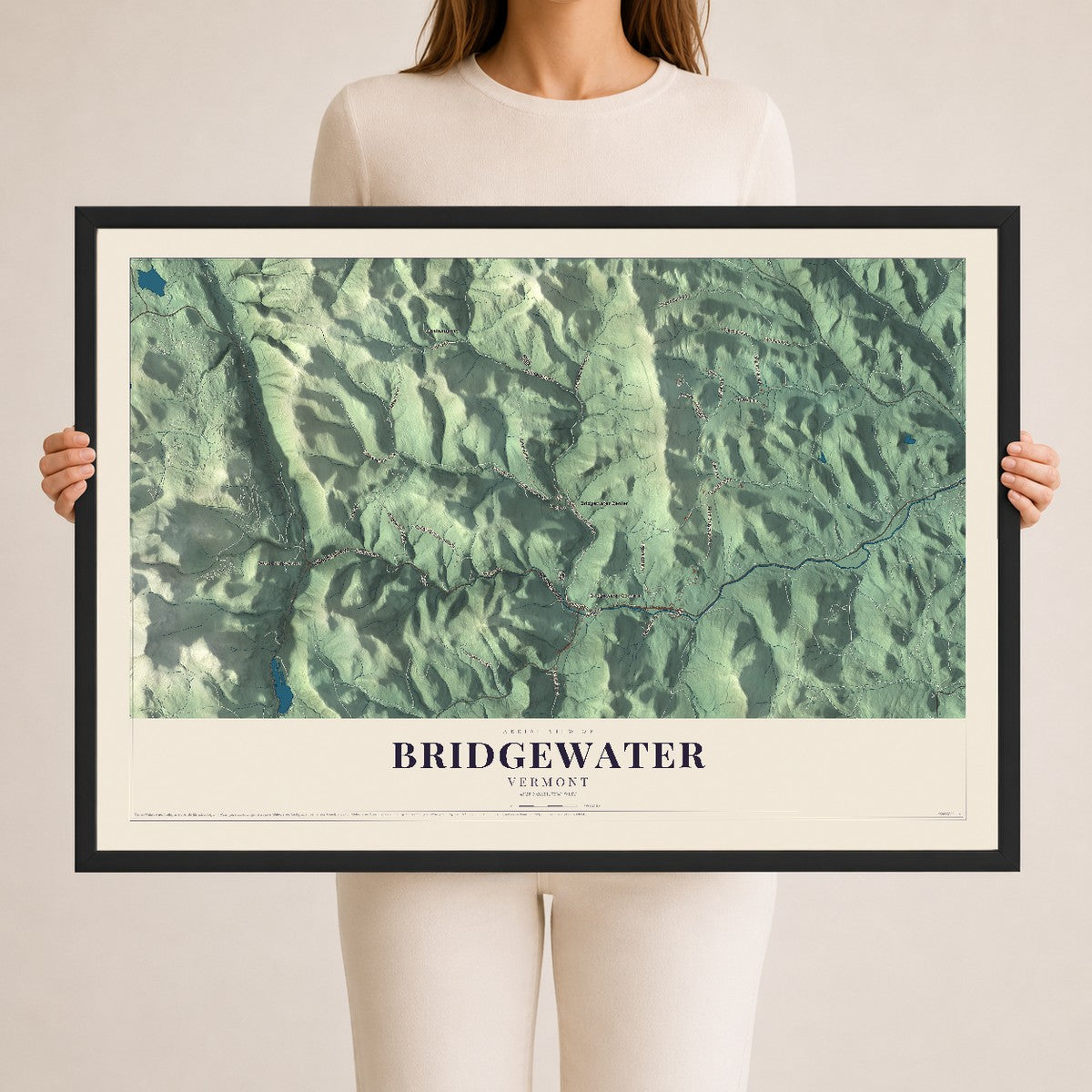 Map of Bridgewater, Vermont, 24 x 36 inch print in a black wood frame