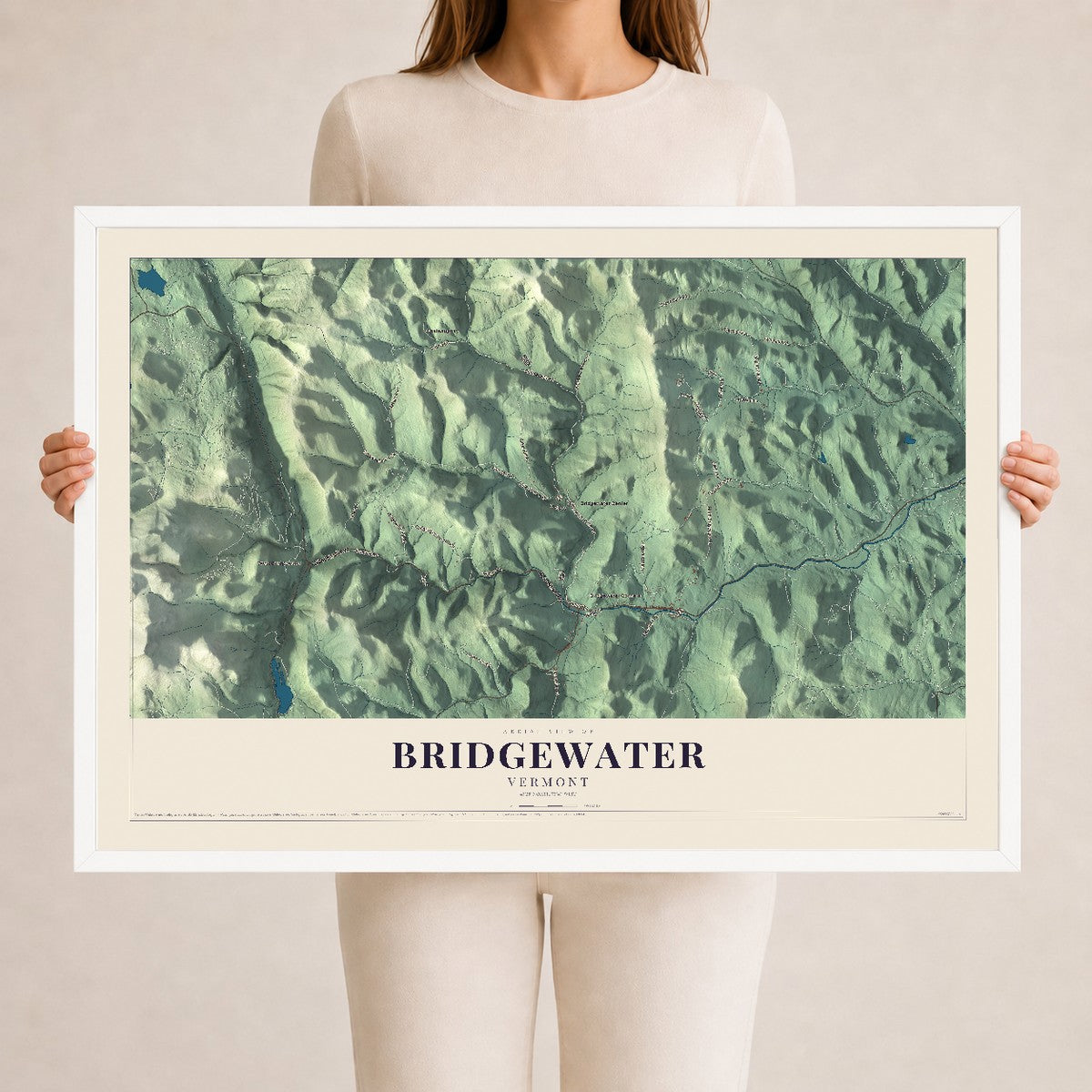 Map of Bridgewater, Vermont, 24 x 36 inch print in a white wood frame