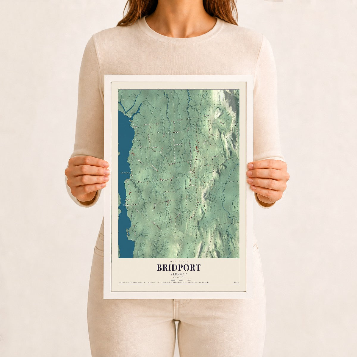 Bridport, Vermont map print - 12 x 18 white Ayous wood frame