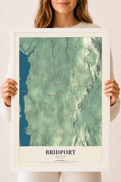 Bridport, Vermont map print - 18 x 24 white Ayous wood frame
