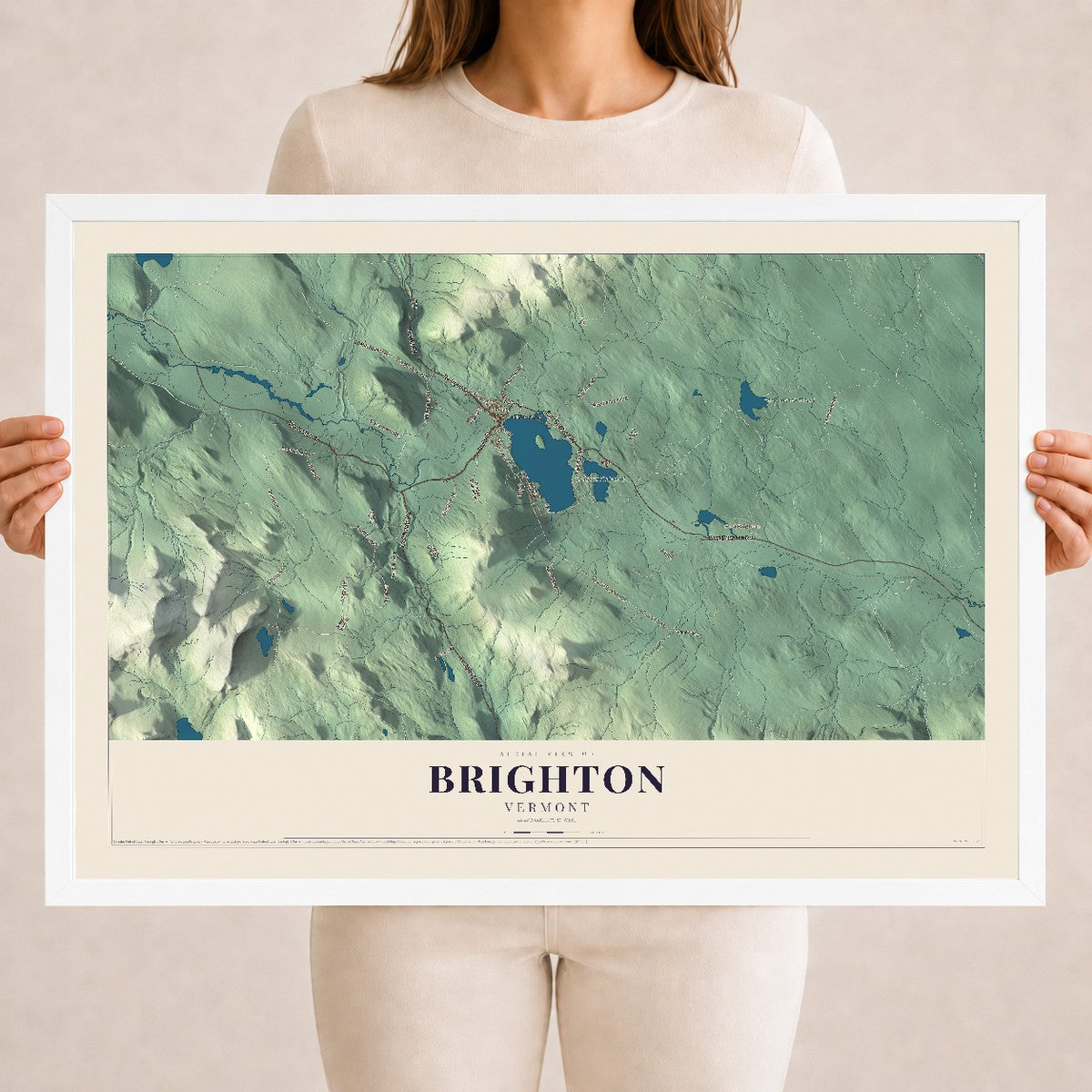 Map of Brighton, Vermont, 18 x 24 inch print in a white wood frame