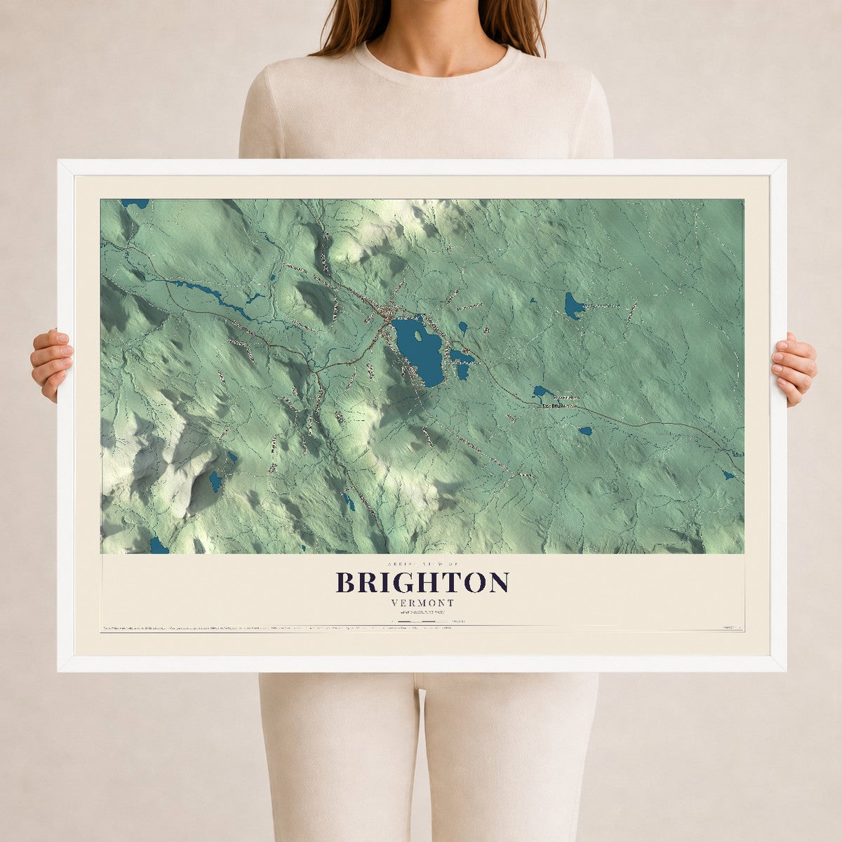 Map of Brighton, Vermont, 24 x 36 inch print in a white wood frame