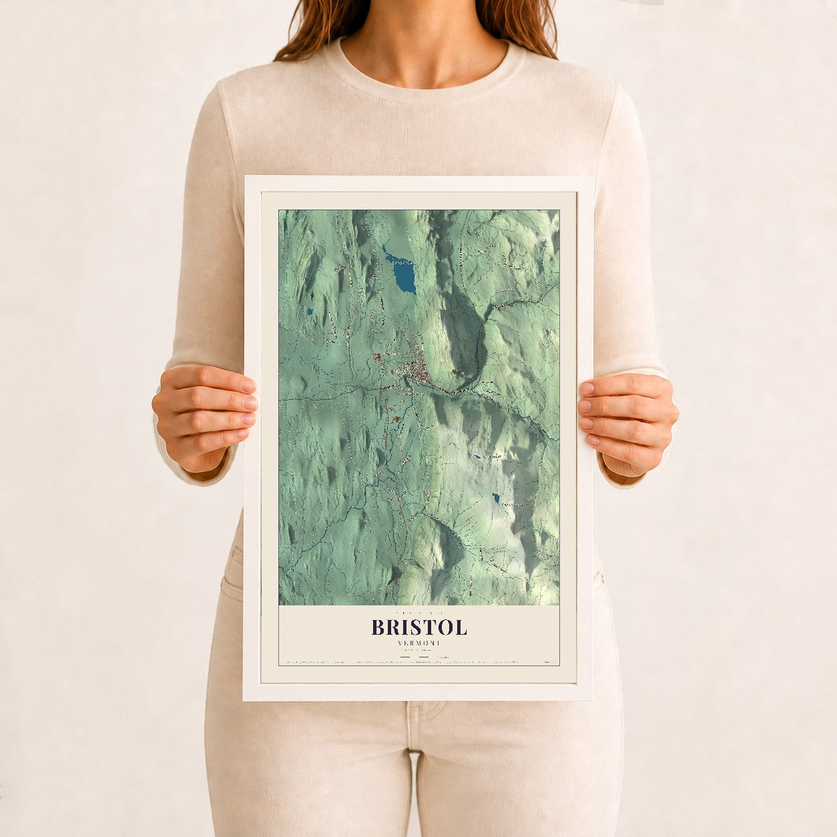 Bristol, Vermont map print - 12 x 18 white Ayous wood frame
