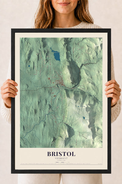 Bristol, Vermont map print - 18 x 24 black Ayous wood frame