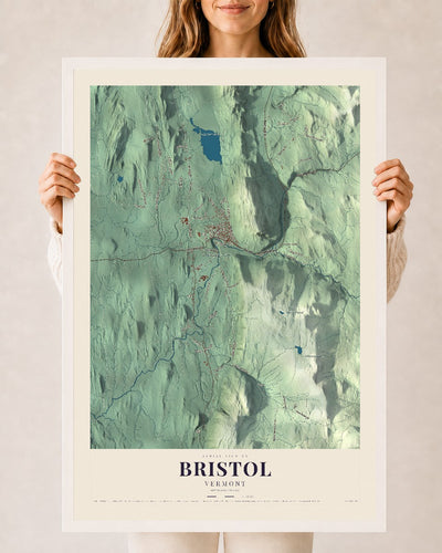 Bristol, Vermont map print - 24 x 36 white Ayous wood frame