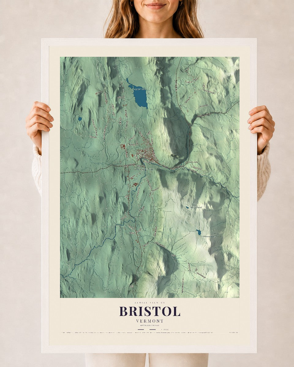 Bristol, Vermont map print - 24 x 36 white Ayous wood frame