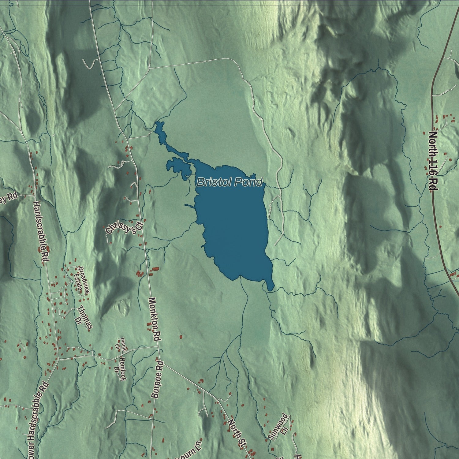 Terrain and local geography detail from the Bristol, Vermont map