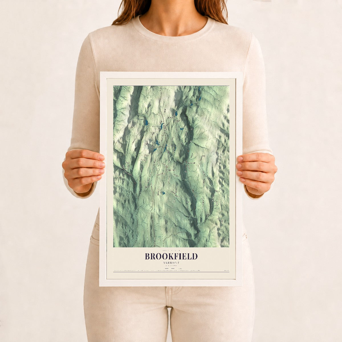 Brookfield, Vermont map print - 12 x 18 white Ayous wood frame