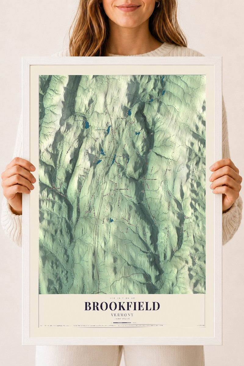 Brookfield, Vermont map print - 18 x 24 white Ayous wood frame