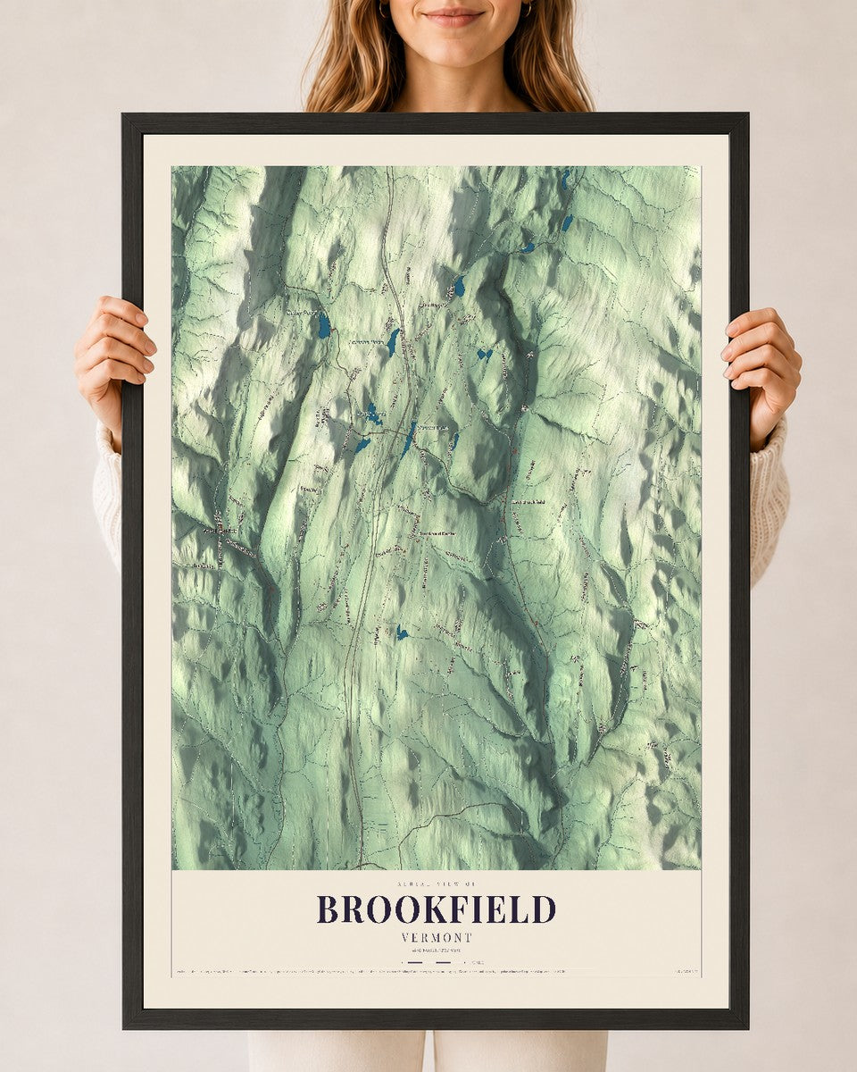 Brookfield, Vermont map print - 24 x 36 black Ayous wood frame