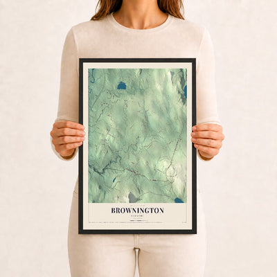 Brownington, Vermont map print - 12 x 18 black Ayous wood frame