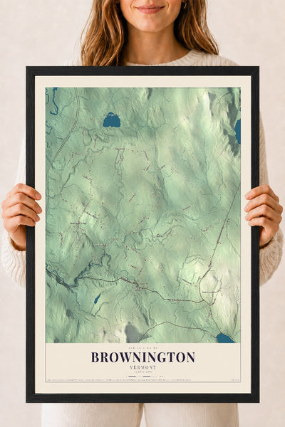 Brownington, Vermont map print - 18 x 24 black Ayous wood frame