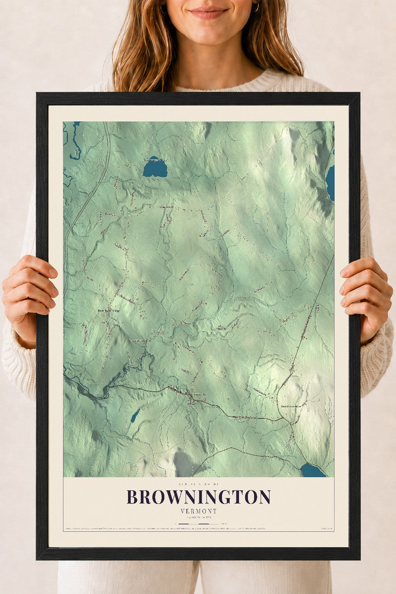 Brownington, Vermont map print - 18 x 24 black Ayous wood frame
