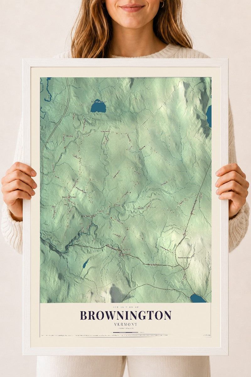 Brownington, Vermont map print - 18 x 24 white Ayous wood frame