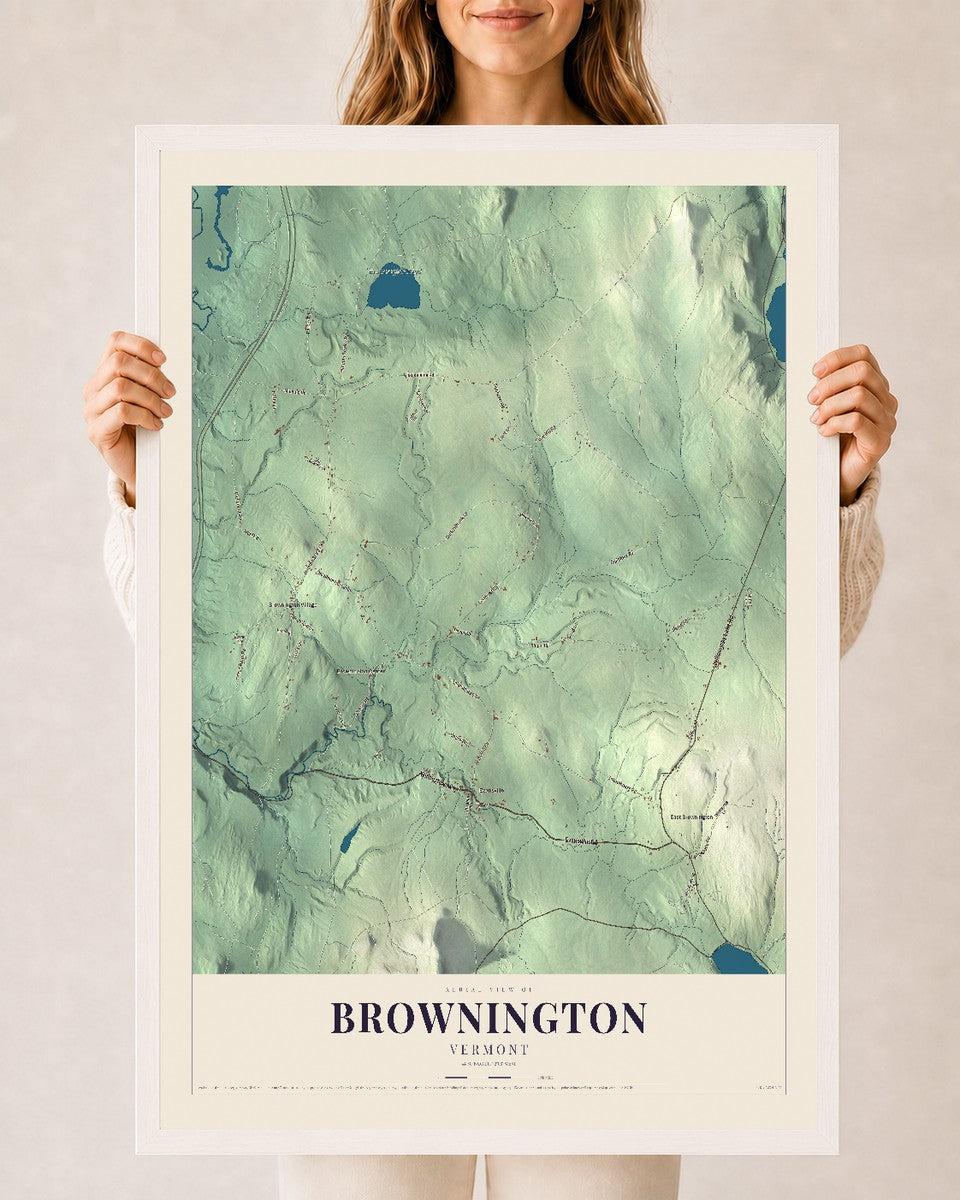 Brownington, Vermont map print - 24 x 36 white Ayous wood frame