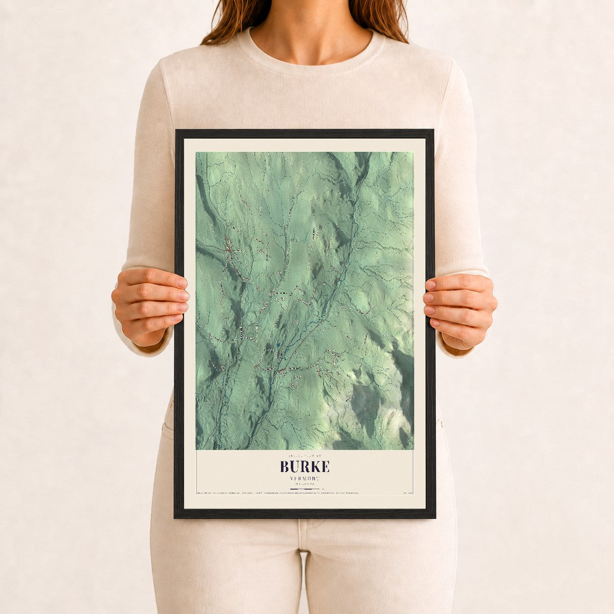 Burke, Vermont map print - 12 x 18 black Ayous wood frame
