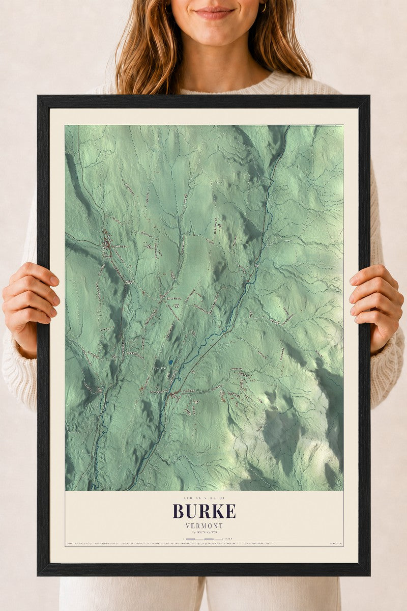 Burke, Vermont map print - 18 x 24 black Ayous wood frame