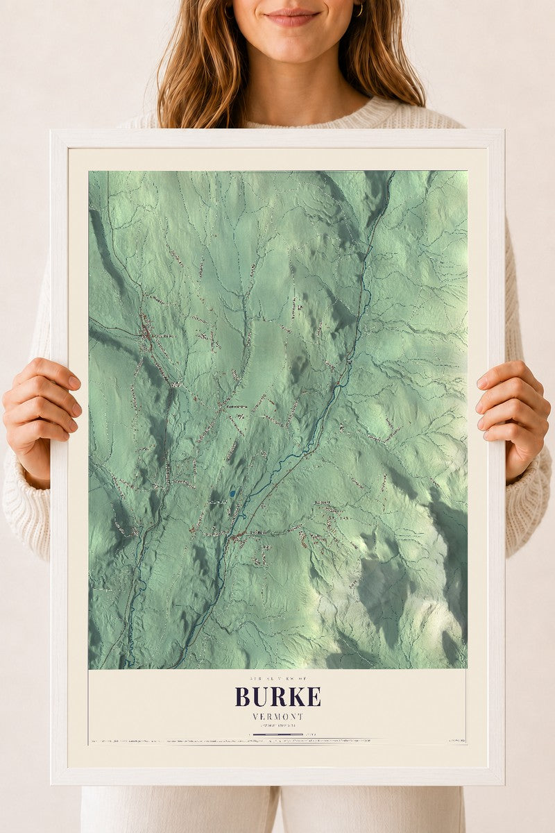 Burke, Vermont map print - 18 x 24 white Ayous wood frame