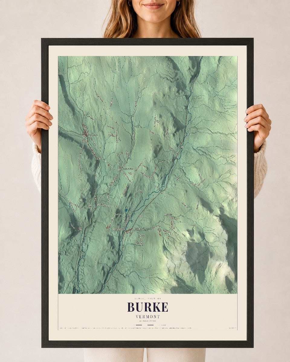 Burke, Vermont map print - 24 x 36 black Ayous wood frame