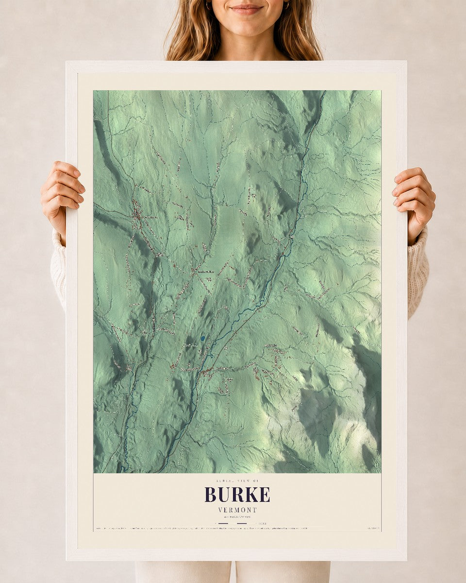 Burke, Vermont map print - 24 x 36 white Ayous wood frame
