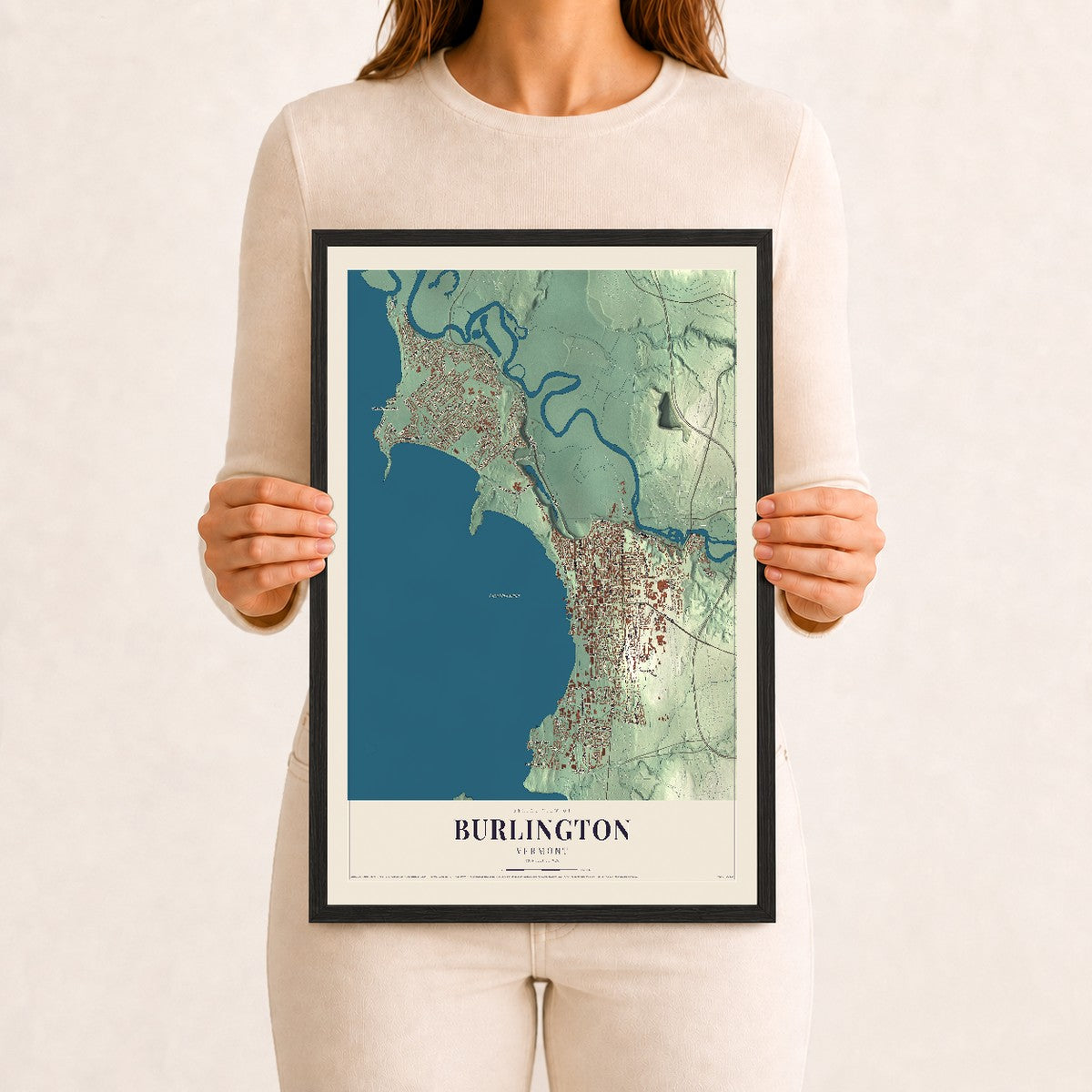 Burlington, Vermont map print - 12 x 18 black Ayous wood frame