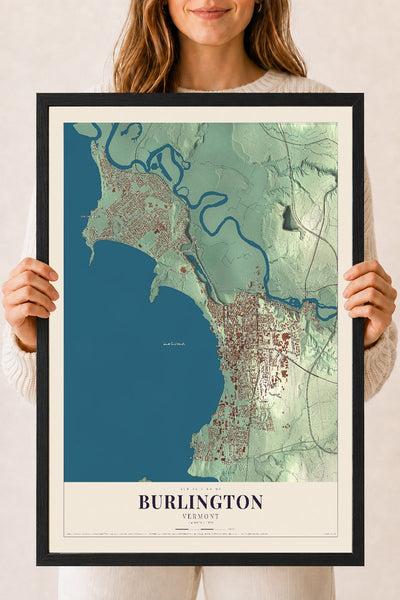 Burlington, Vermont map print - 18 x 24 black Ayous wood frame