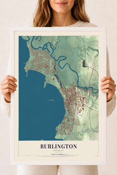 Burlington, Vermont map print - 18 x 24 white Ayous wood frame