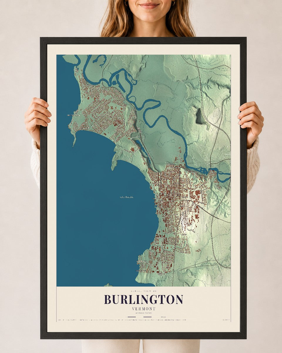 Burlington, Vermont map print - 24 x 36 black Ayous wood frame
