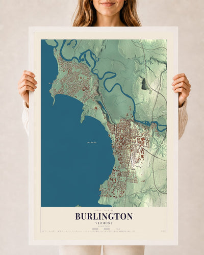 Burlington, Vermont map print - 24 x 36 white Ayous wood frame