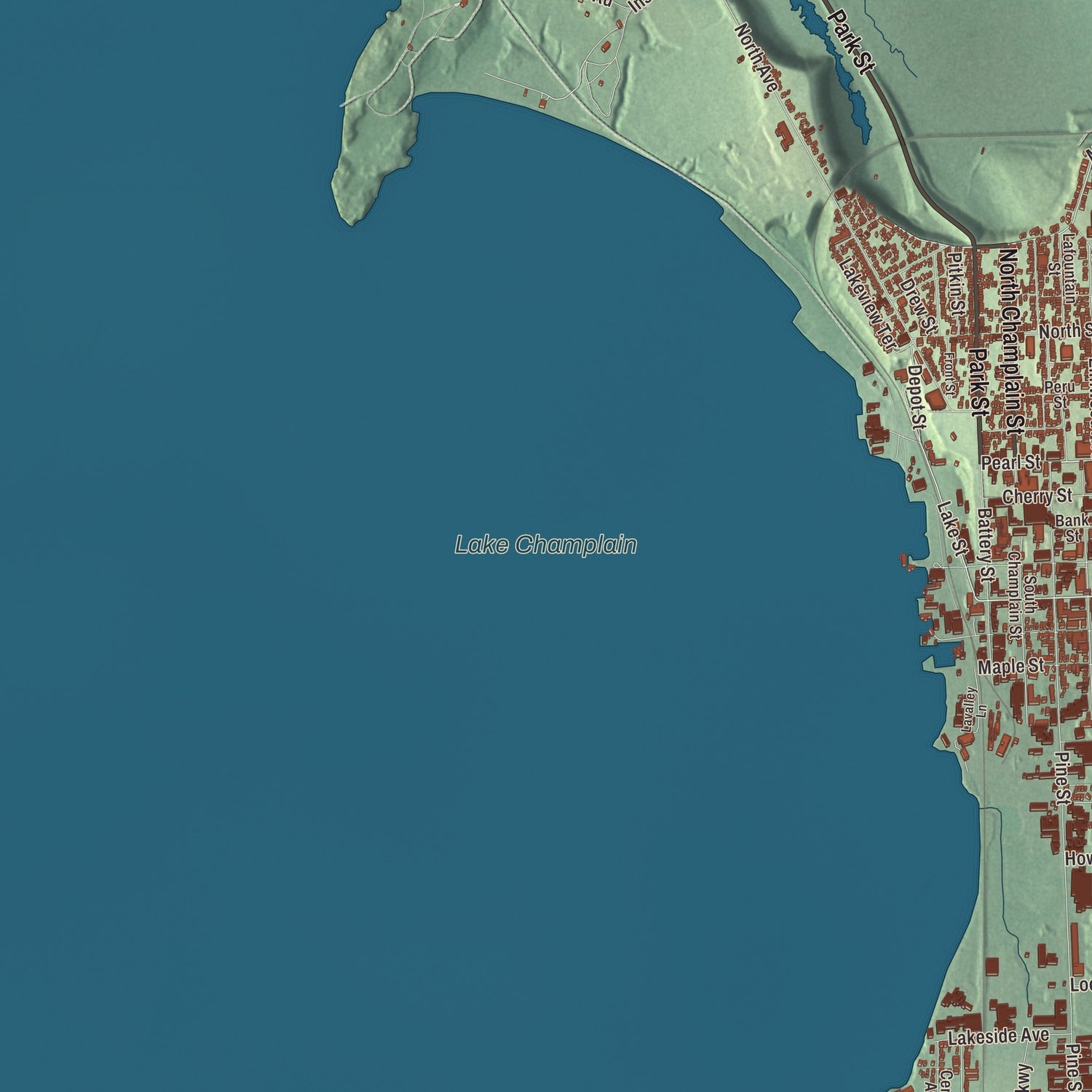 Terrain and local geography detail from the Burlington, Vermont map