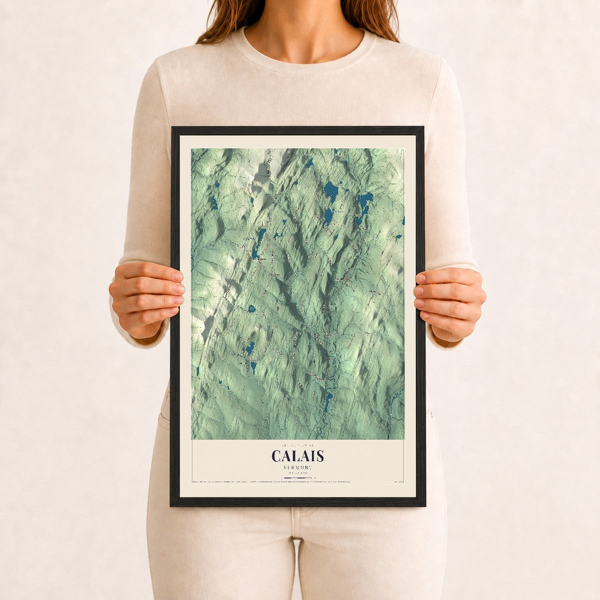 Calais, Vermont map print - 12 x 18 black Ayous wood frame