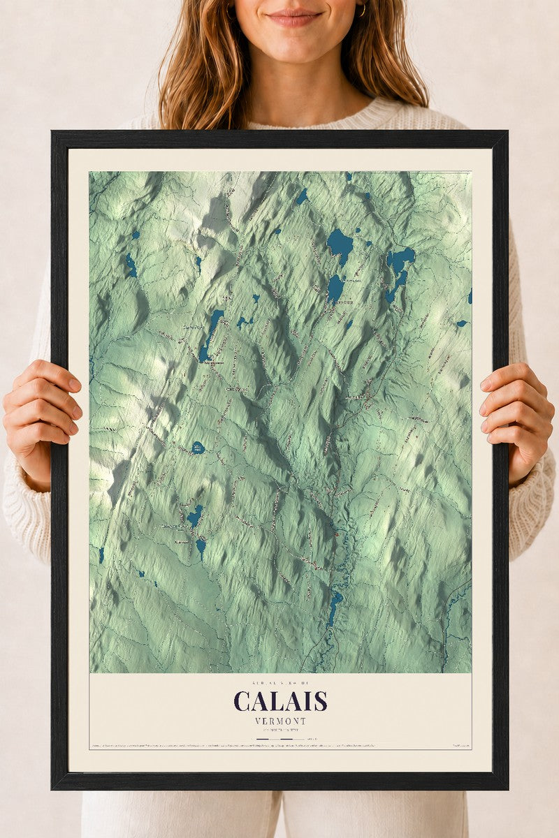 Calais, Vermont map print - 18 x 24 black Ayous wood frame