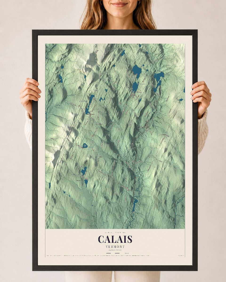 Calais, Vermont map print - 24 x 36 black Ayous wood frame