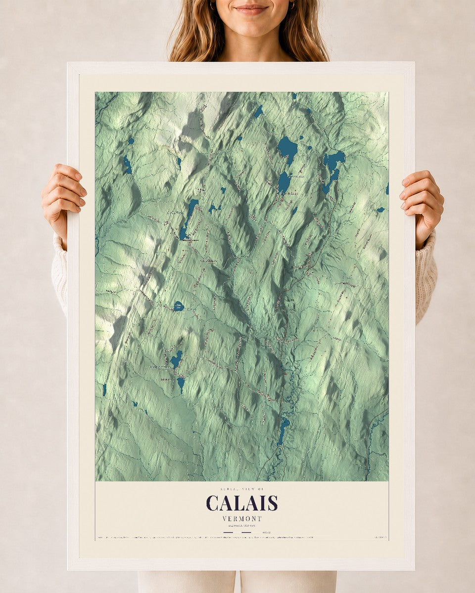 Calais, Vermont map print - 24 x 36 white Ayous wood frame